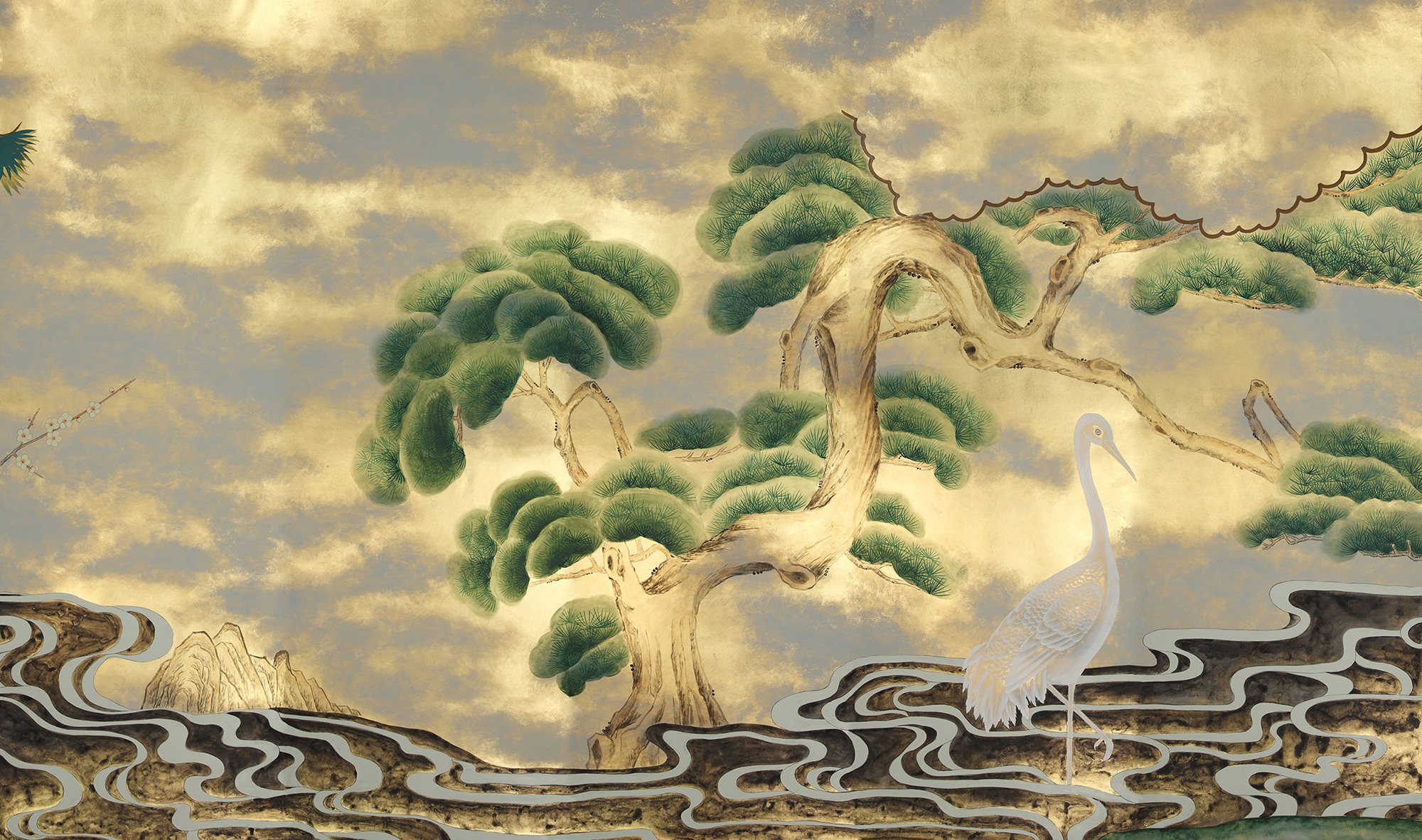 Обои ручная роспись Bamboo River Blossom Original colourway on Deep Rich Gold gilded paper with pearlescent antiquing Обои ручная роспись Bamboo River Blossom Original colourway on Deep Rich Gold gilded paper with pearlescent antiquing - постер Loft-Concept в Саратове
