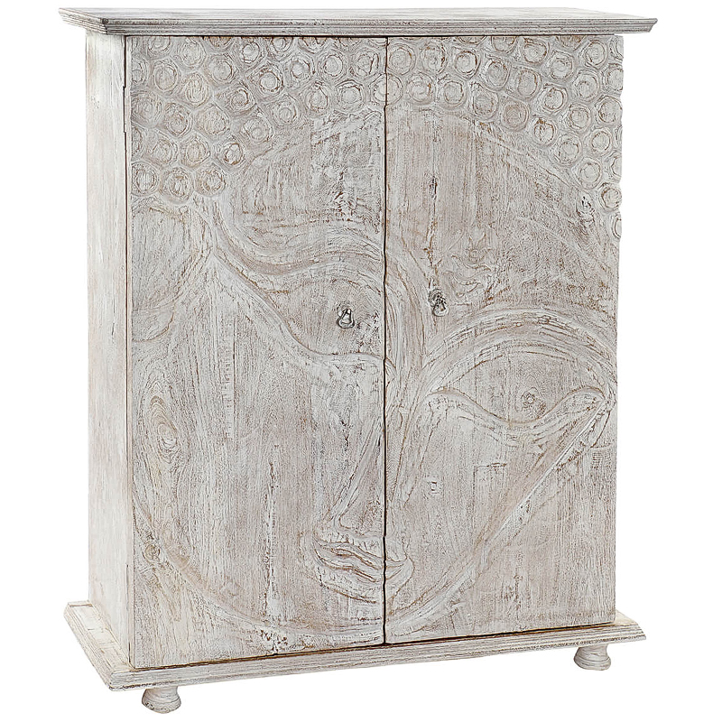 Комод деревянный с декорированным резными дверцами Buddha Chest of Drawers Белый Бежево-серый Комод деревянный с декорированным резными дверцами Buddha Chest of Drawers Белый Бежево-серый в Саратове | Loft Concept