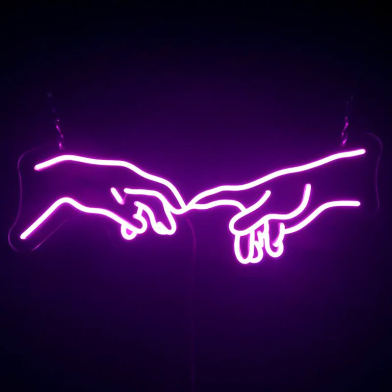 Неоновая настенная лампа Creation of Adam Hands Neon Wall Lamp Фиолетовый в Саратове | Loft Concept 