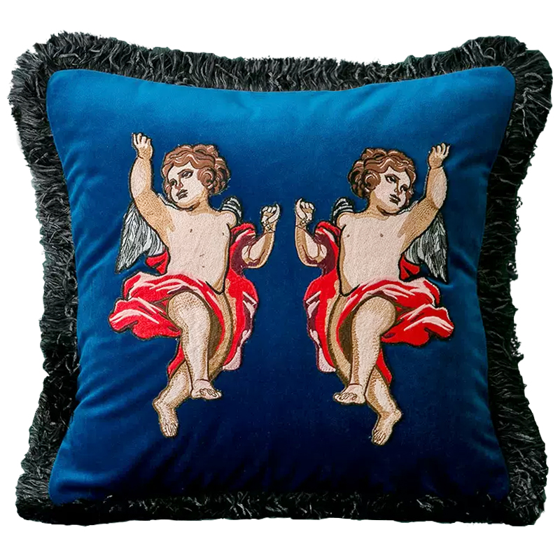 Декоративная подушка с вышивкой Стиль Gucci Angels Cushion Blue Синий Мульти в Саратове | Loft Concept 