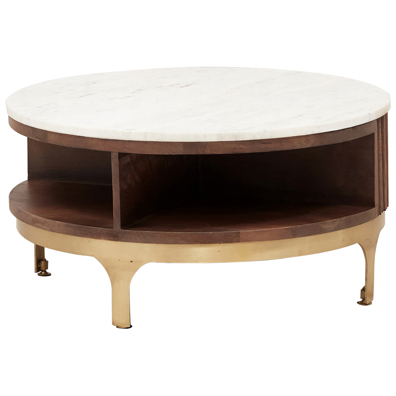 Круглый кофейный стол Sadie Round Coffee Table Белый Коричневый Латунь в Саратове | Loft Concept 