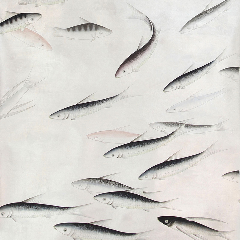 Обои ручная роспись Fishes Blue Pearl on Tarnished Silver gilded silk with pearlescent antiquing  в Саратове | Loft Concept 