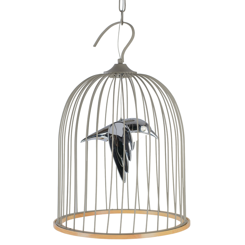 Подвесной светильник Bird in Cage Pendant Серый Хром Древесина в Саратове | Loft Concept 