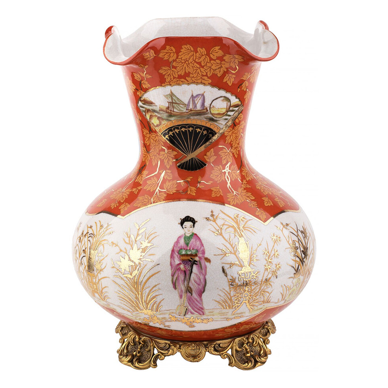 Ваза красного цвета с рисунком Chinoiserie Ceramics Белый Красный Бронза в Саратове | Loft Concept 