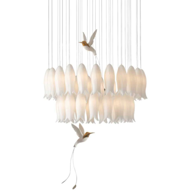 Люстра c Птичками Колибри Sagarti Pendant lamp ALBA Flowers & Birds Белый Золотой в Саратове | Loft Concept 