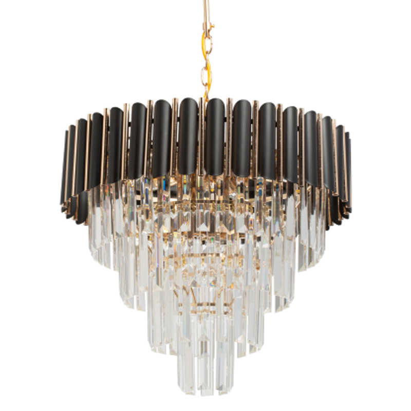 Люстра из черного металла с многоярусными подвесками из прозрачного хрусталя на золотой цепи Empire Black Chandelier Crystal Золотой Прозрачный Черный в Саратове | Loft Concept 