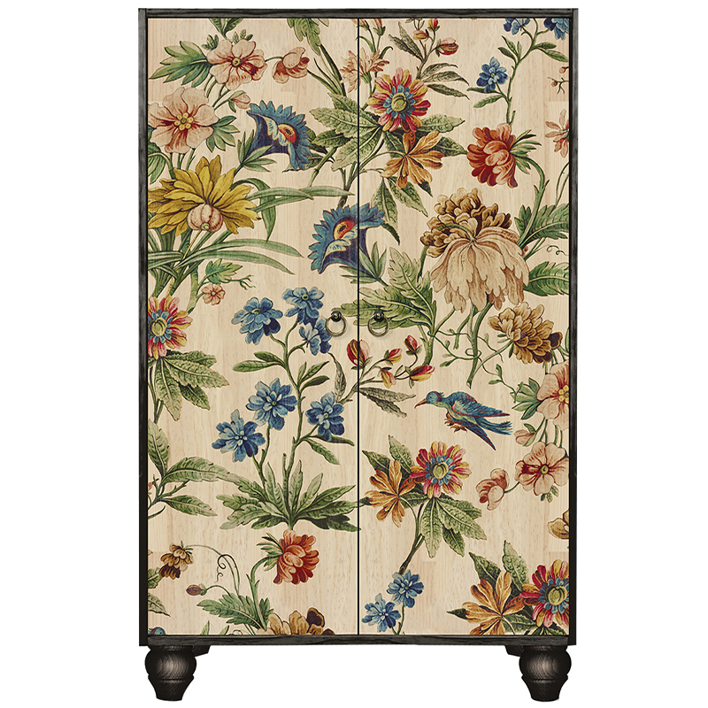 Шкаф с цветочным изображением на дверцах Floral Print Cabinet Мульти Черный Бежевый в Саратове | Loft Concept 