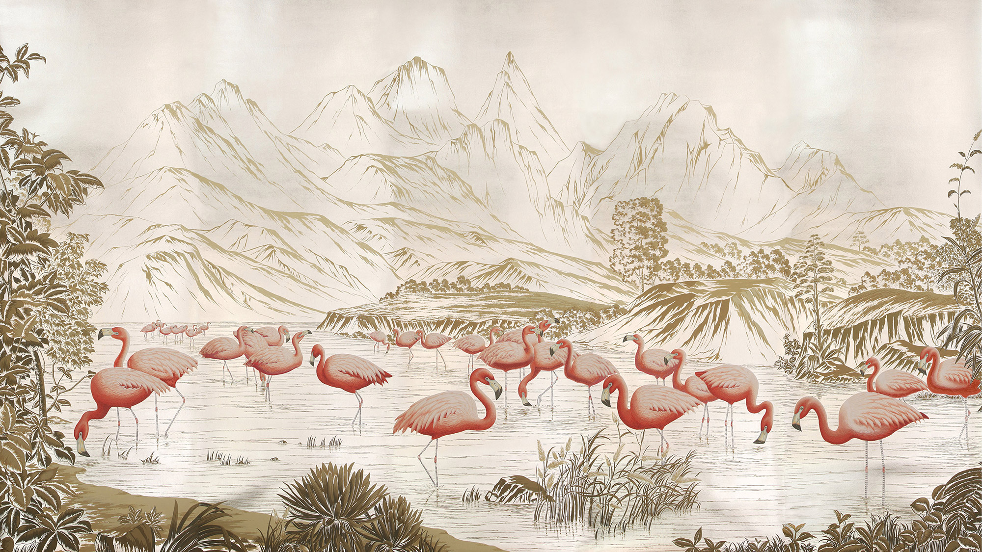 Обои ручная роспись Flamingos Flamingo on Tarnished Silver gilded Xuan paper Обои ручная роспись Flamingos Flamingo on Tarnished Silver gilded Xuan paper - постер Loft-Concept в Саратове