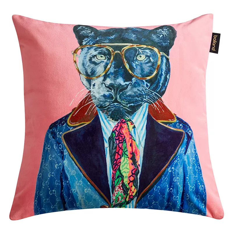 Декоративная подушка Стиль Gucci Panther Fashion Animals Cushion Pink Розовый Синий Мульти в Саратове | Loft Concept 