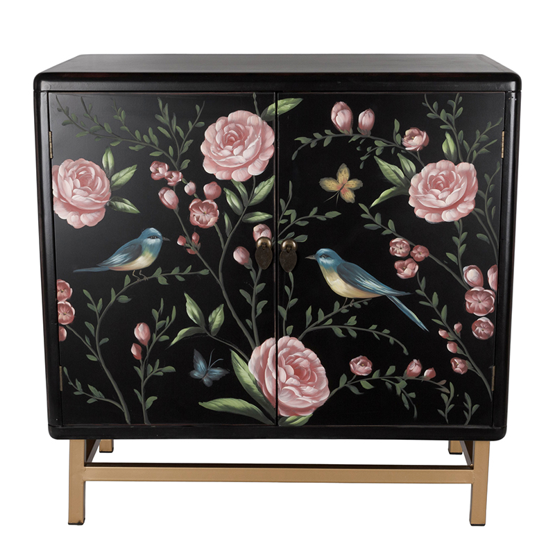 Комод с росписью птицы и цветы Black Chest Of Drawers Peonies Черный Черный Золотой Мульти в Саратове | Loft Concept 