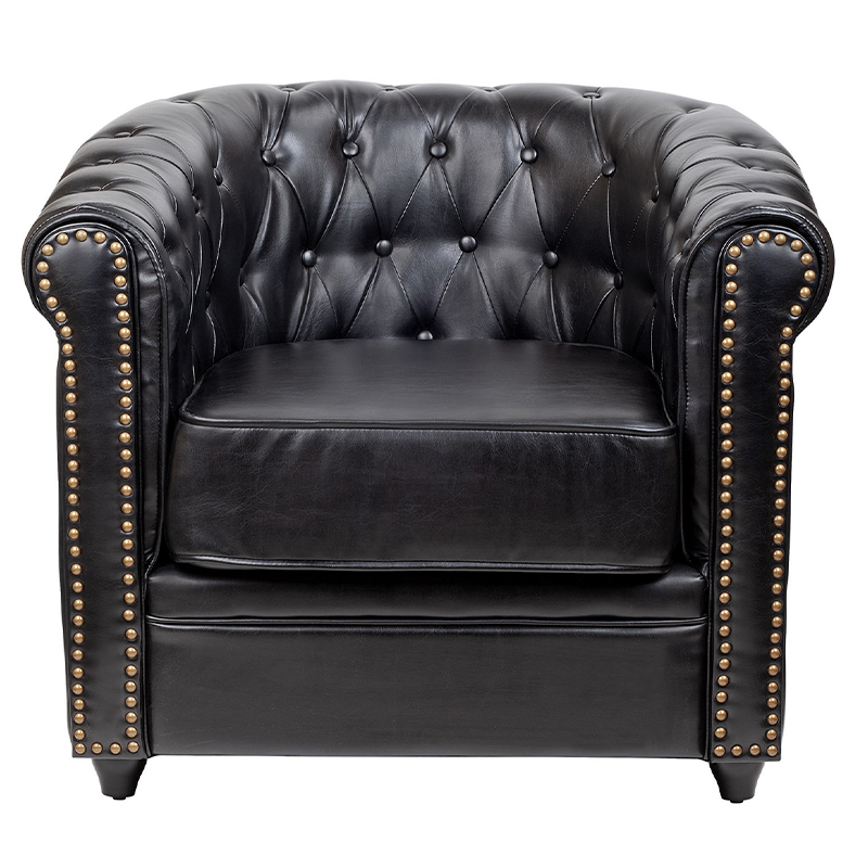 Кресло кожаное с мягкими подлокотниками на 4-х деревянных ножках Logan Leather Armchair black Черный в Саратове | Loft Concept 