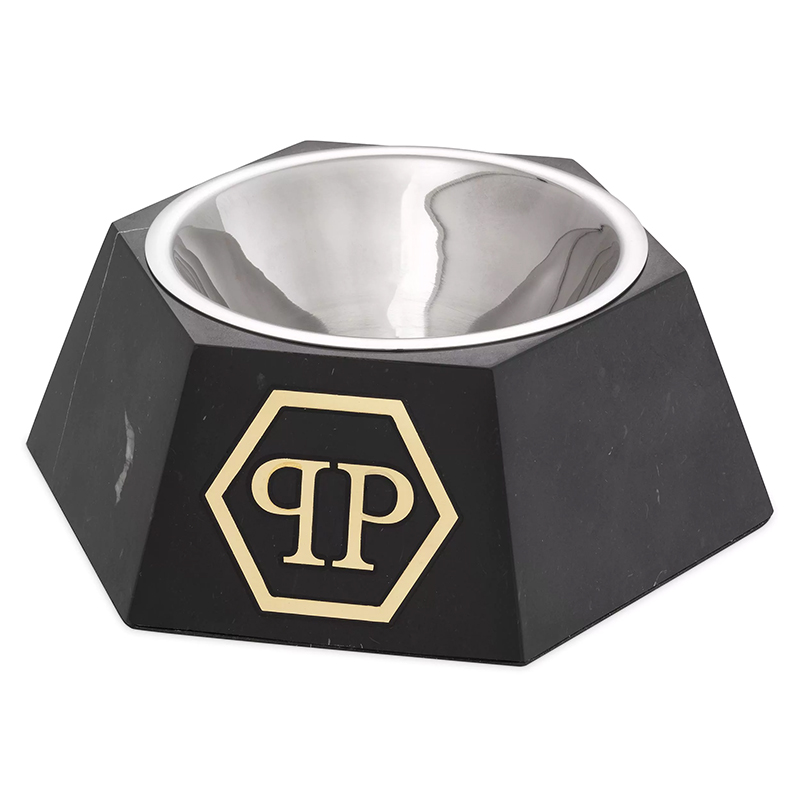 Миска для корма Philipp Plein Dog Food bowl Nice L Black Черный Мрамор Nero Сталь Золотой в Саратове | Loft Concept 