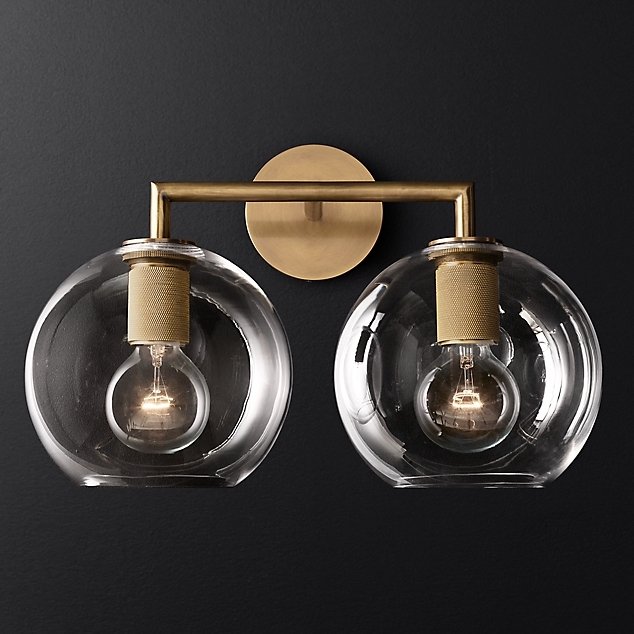 Бра RH Utilitaire Globe Shade Double Sconce Brass Прозрачное Стекло Латунь в Саратове | Loft Concept 