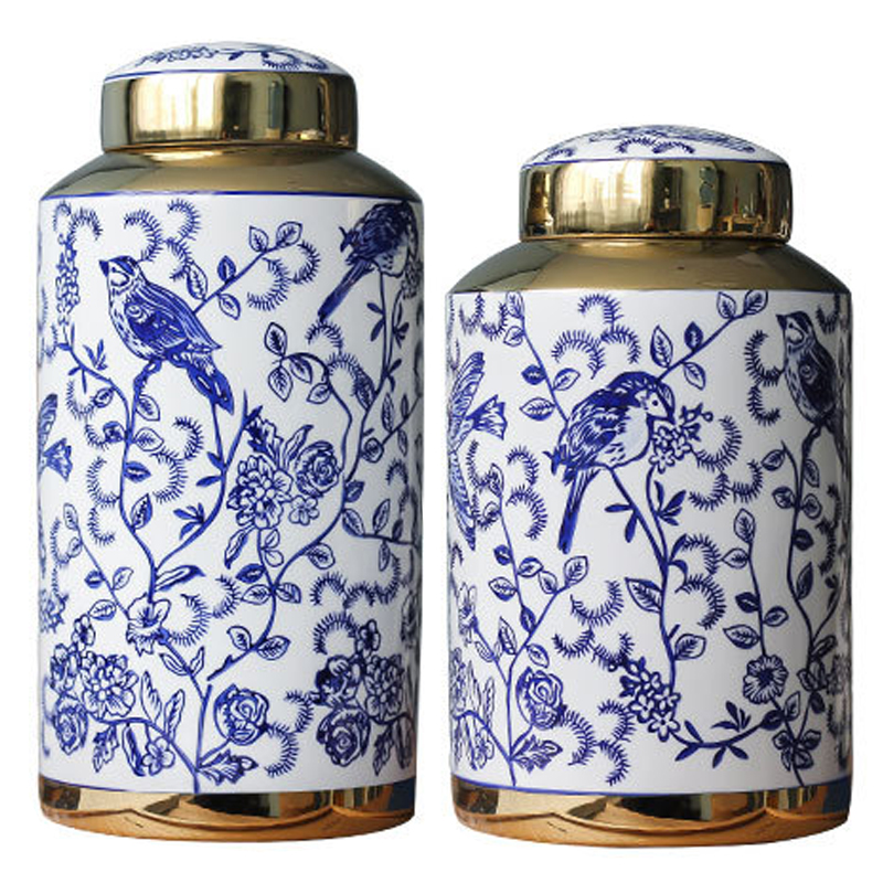 Вазы Ceramic Oriental Blue Ornament Birds Vases Синий Белый Золотой в Саратове | Loft Concept 