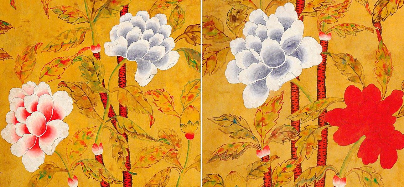 Обои ручная роспись Korean Peony Original colourway on Edo Golden Brown painted silk - фото