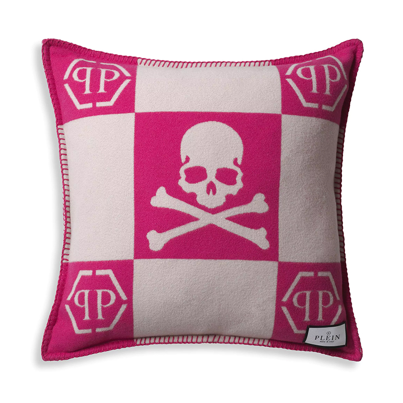 Подушка Philipp Plein Cushion Cashmere Skull 45 x 45 Pink Розовый Белый в Саратове | Loft Concept 