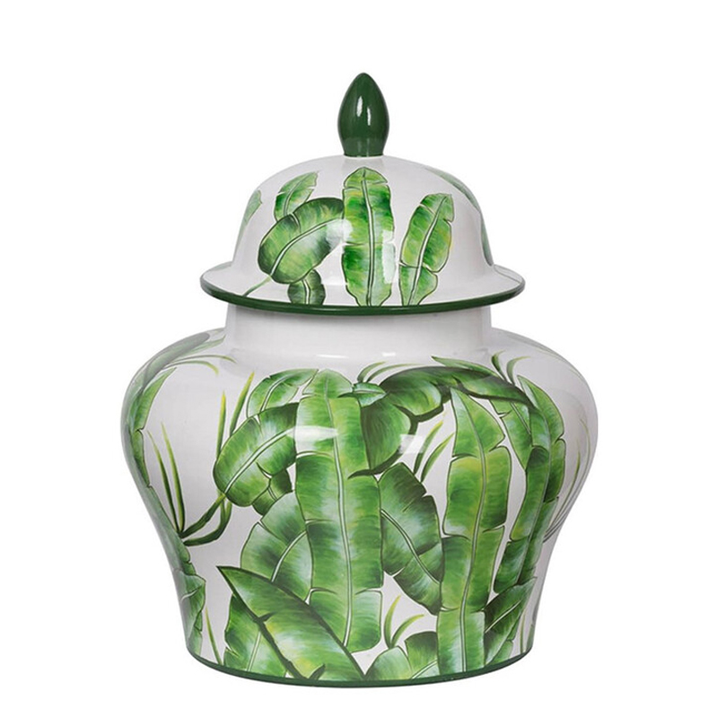 Ваза с зелёными листьями и крышкой Vase Green Leaves Белый Зеленый Ваза с зелёными листьями и крышкой Vase Green Leaves Белый Зеленый в Саратове | Loft Concept