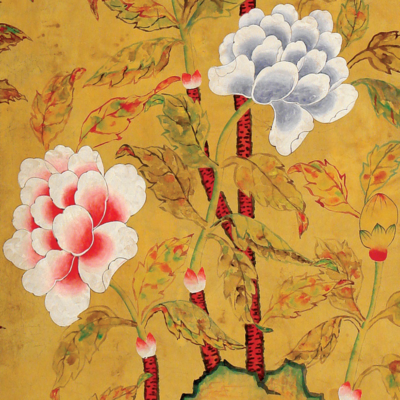 Обои ручная роспись Korean Peony Original colourway on Edo Golden Brown painted silk  в Саратове | Loft Concept 