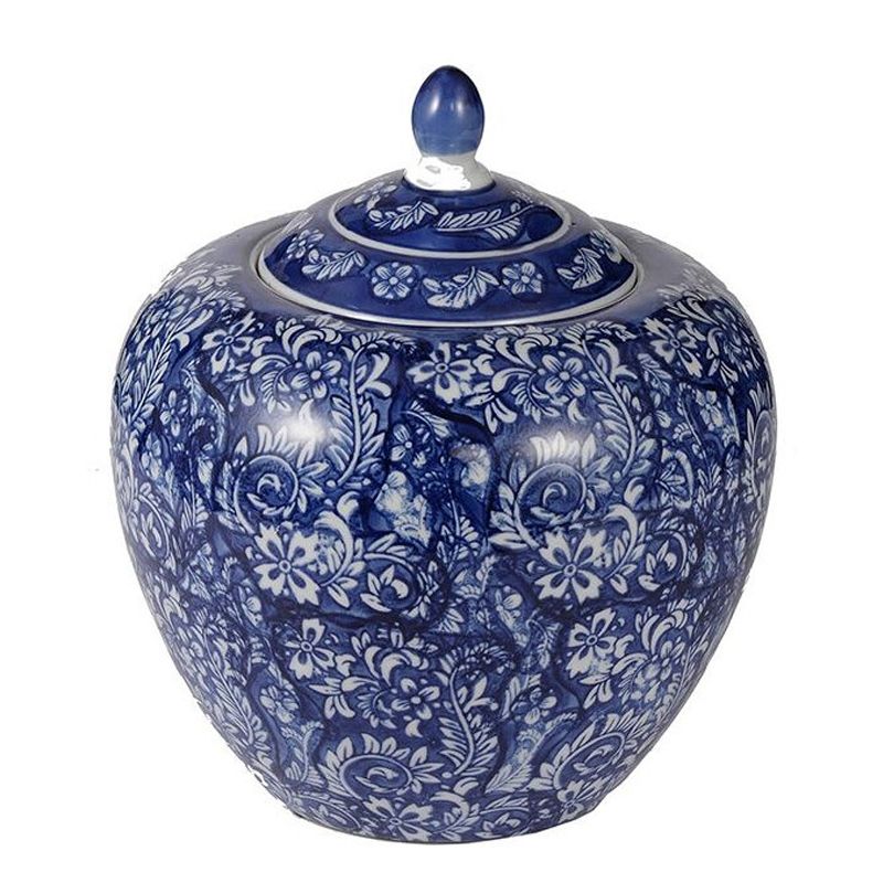 Ваза округлой формы с синей росписью и цветочным узором Blue & White Ornament Белый Синий Ваза округлой формы с синей росписью и цветочным узором Blue & White Ornament Белый Синий в Саратове | Loft Concept