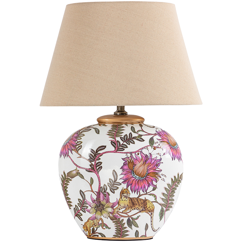 Настольная лампа с абажуром Leopard Flowers Lampshade Бежевый Белый Розовый в Саратове | Loft Concept 