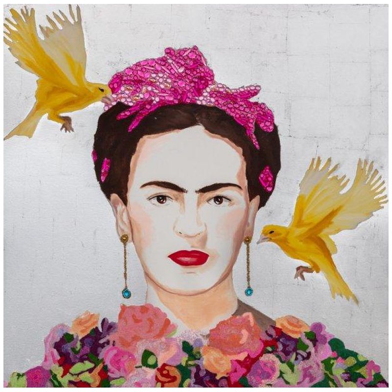 Картина Frida with Yellow Flying Parakeets, Flower Bouquet Dress and Silver Leaf Background Мульти Картина Frida with Yellow Flying Parakeets, Flower Bouquet Dress and Silver Leaf Background Мульти в Саратове | Loft Concept