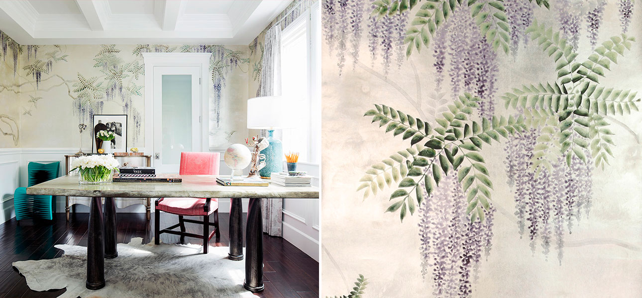 Обои в японском стиле Wisteria Lavender on White Metal gilded paper with pearlescent antiquing - фото