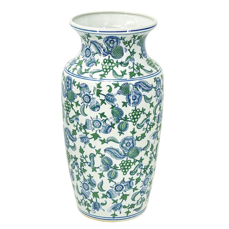 Ваза с зелено-голубым цветочным узором на белом фоне 61 см Blue & White Ornament Белый Синий Зеленый в Саратове | Loft Concept 