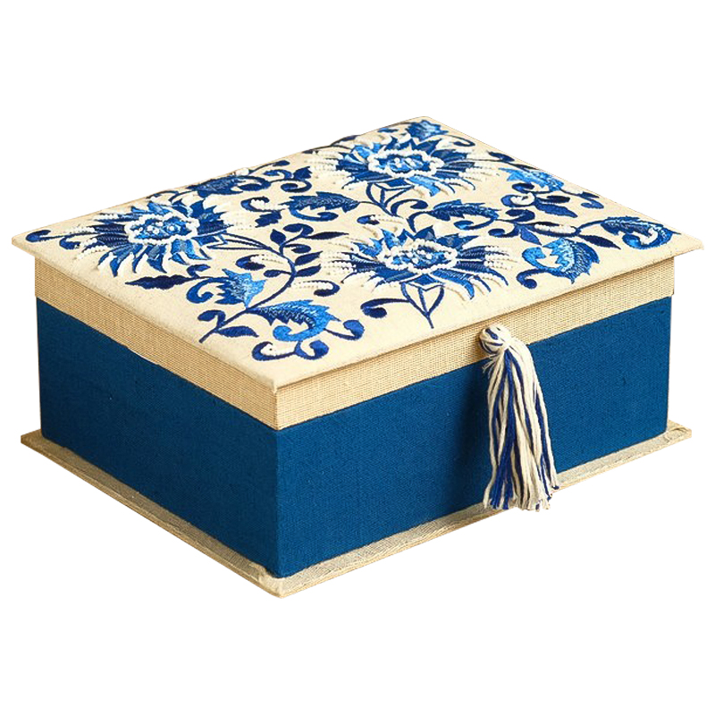 Шкатулка с вышивкой Blue Flowers Beads Embroidery Box Бежевый Синий Голубой в Саратове | Loft Concept 