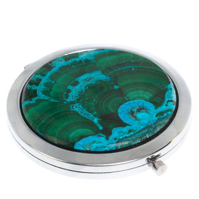 Зеркало карманное складное круглое из натурального камня Малахит с Хризоколлой в подарочной упаковке Silver Stone Mirrors Малахит Серебряный в Саратове | Loft Concept 