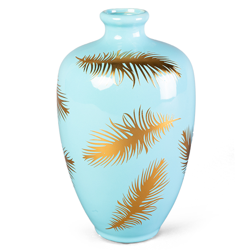 Ваза Gold feathers on blue Vase 25 Голубой Глянцевое золото в Саратове | Loft Concept 