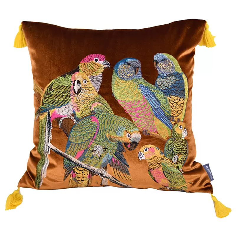 Декоративная подушка с вышивкой Embroidery Parrots Pillow Brown Коричневый Мульти в Саратове | Loft Concept 