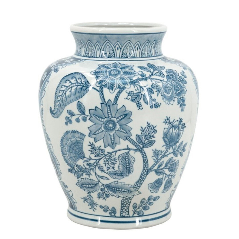 Ваза округлой формы белого цвета с синим растительным узором Blue & White Ornament Белый Синий Ваза округлой формы белого цвета с синим растительным узором Blue & White Ornament Белый Синий в Саратове | Loft Concept