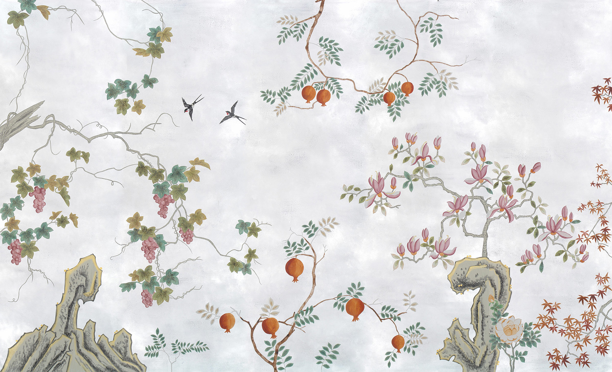 Обои ручная роспись Summer Night Blossom Original colourway on Ocean Silver gilded paper Обои ручная роспись Summer Night Blossom Original colourway on Ocean Silver gilded paper - постер Loft-Concept в Саратове