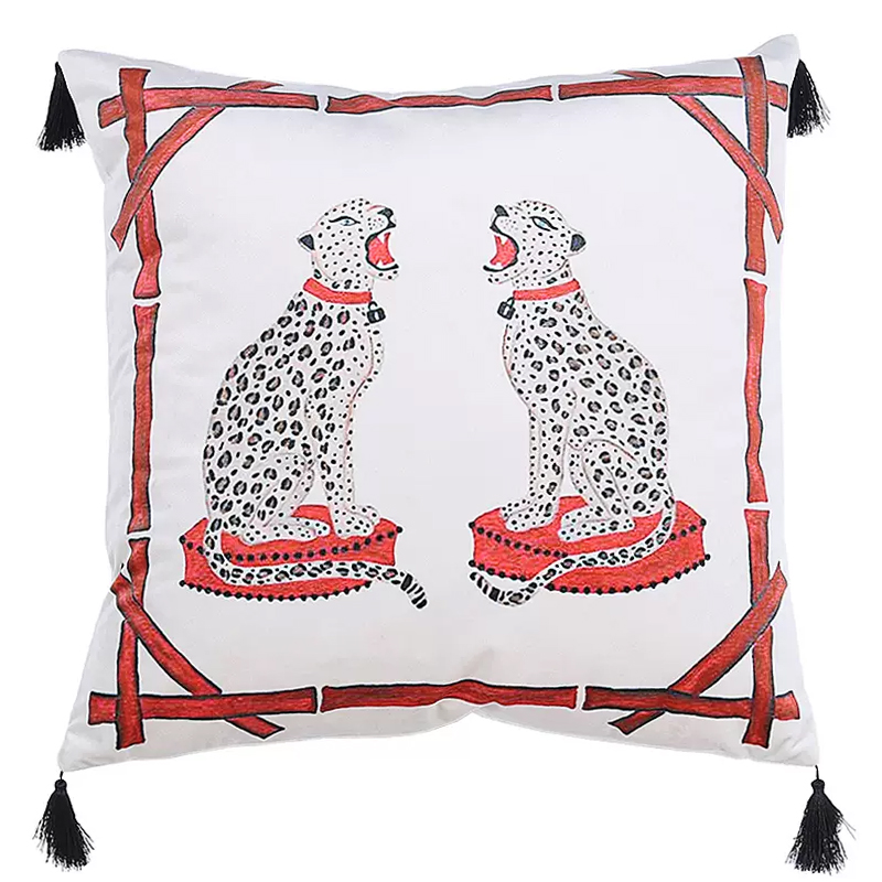 Декоративная подушка Стиль Gucci Two Cheetahs Cushion Белый Красный Черный в Саратове | Loft Concept 