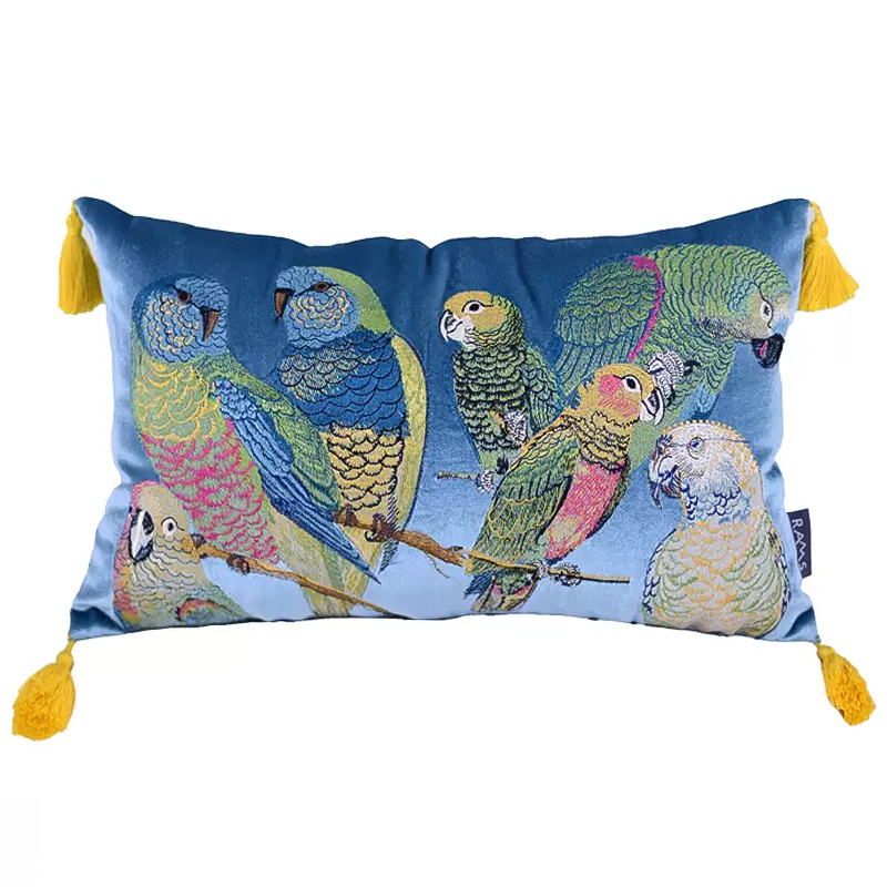 Декоративная подушка с вышивкой Embroidery Parrots Long Pillow Blue Голубой Мульти в Саратове | Loft Concept 