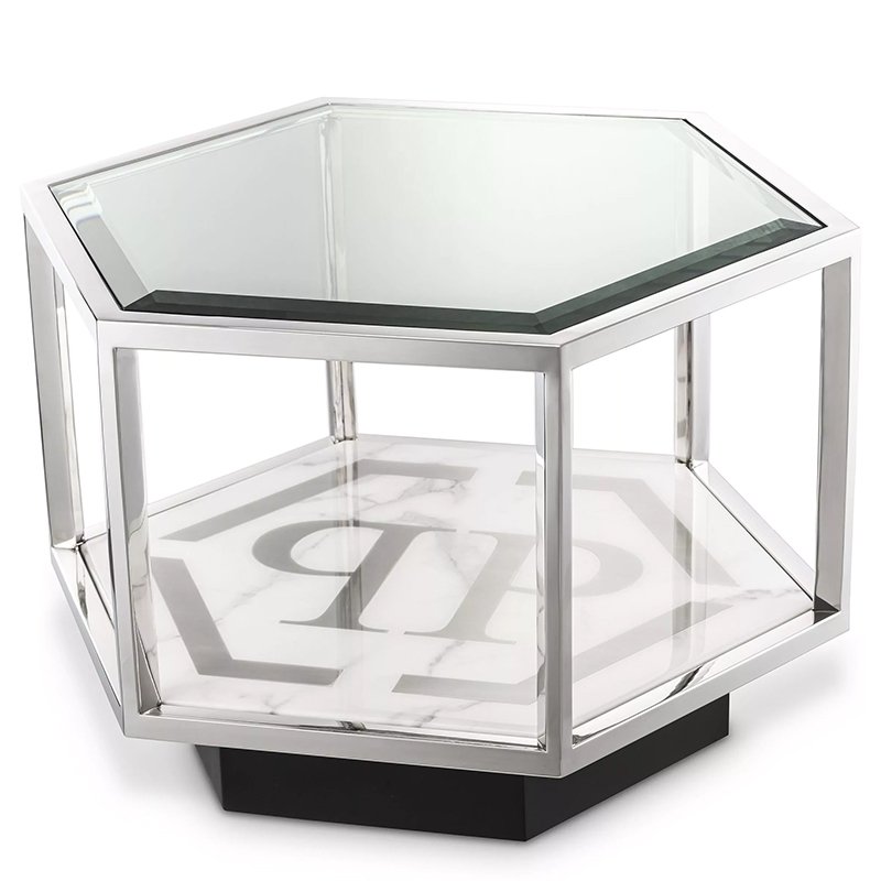 Приставной стол Philipp Plein Side Table Falcon View Chrome Хром Белый Мрамор Bianco Серый Черный Прозрачное Стекло в Саратове | Loft Concept 