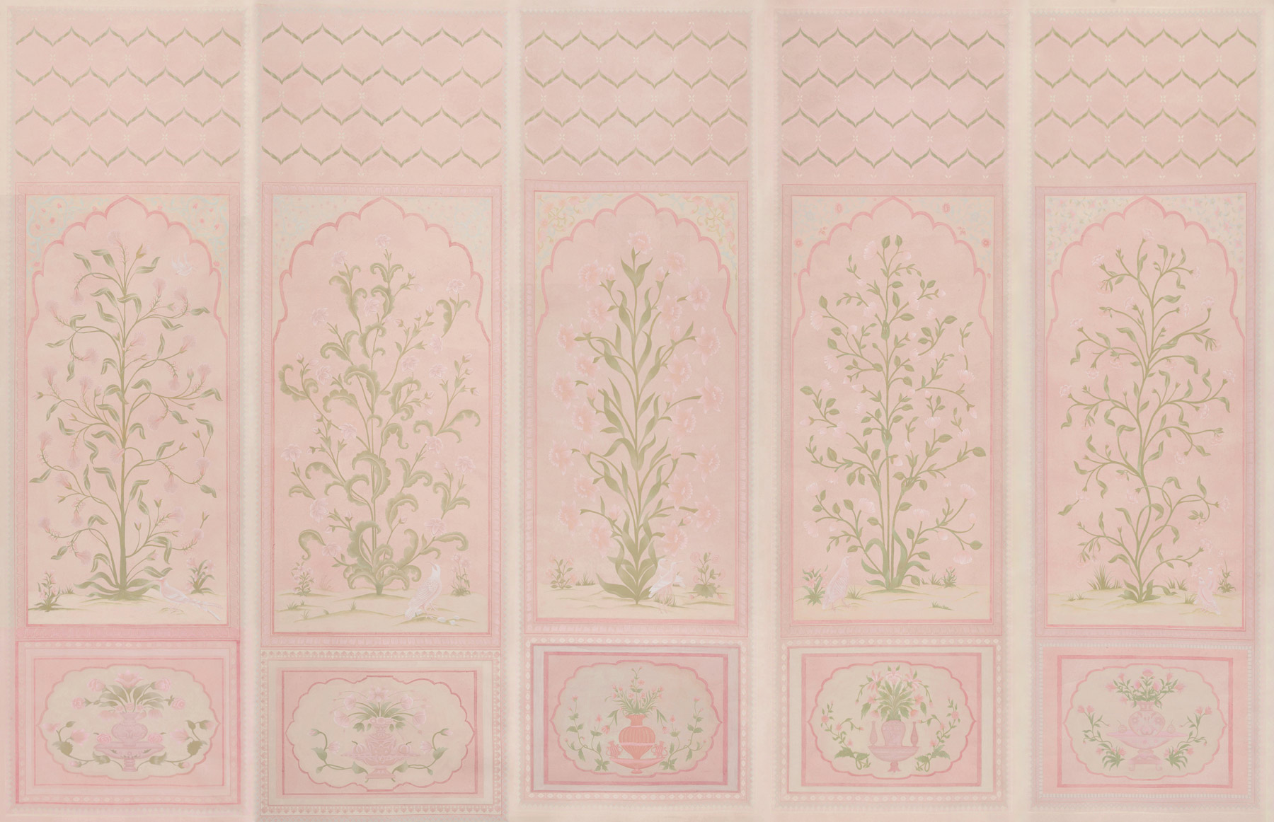 Обои ручная роспись Jharokha Arches Original colourway on pink painted Xuan paper Обои ручная роспись Jharokha Arches Original colourway on pink painted Xuan paper - постер Loft-Concept в Саратове
