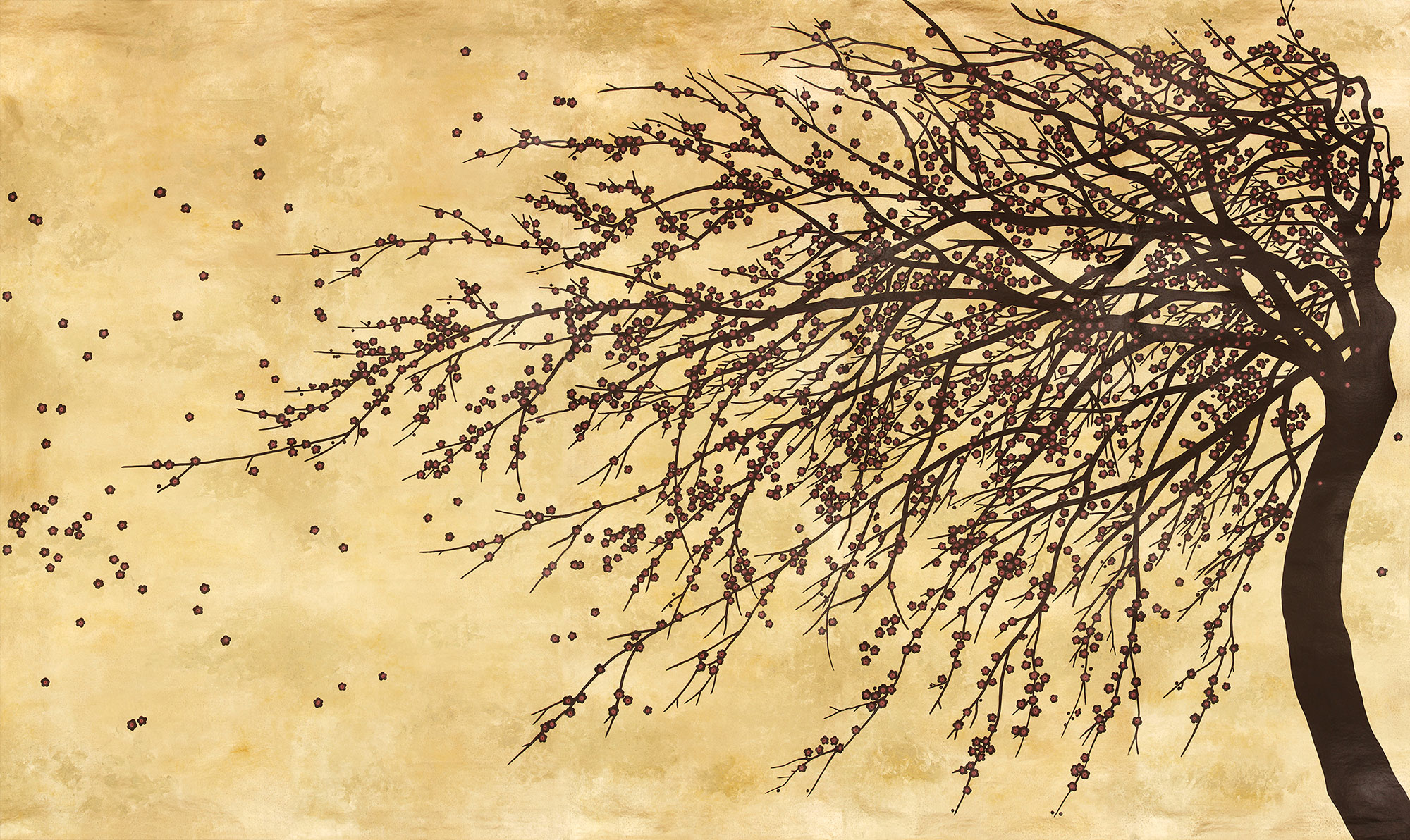 Обои ручная роспись Windswept Blossom Noir on Warm Gold gilded Xuan paper with pearlescent antiquing Обои ручная роспись Windswept Blossom Noir on Warm Gold gilded Xuan paper with pearlescent antiquing - постер Loft-Concept в Саратове