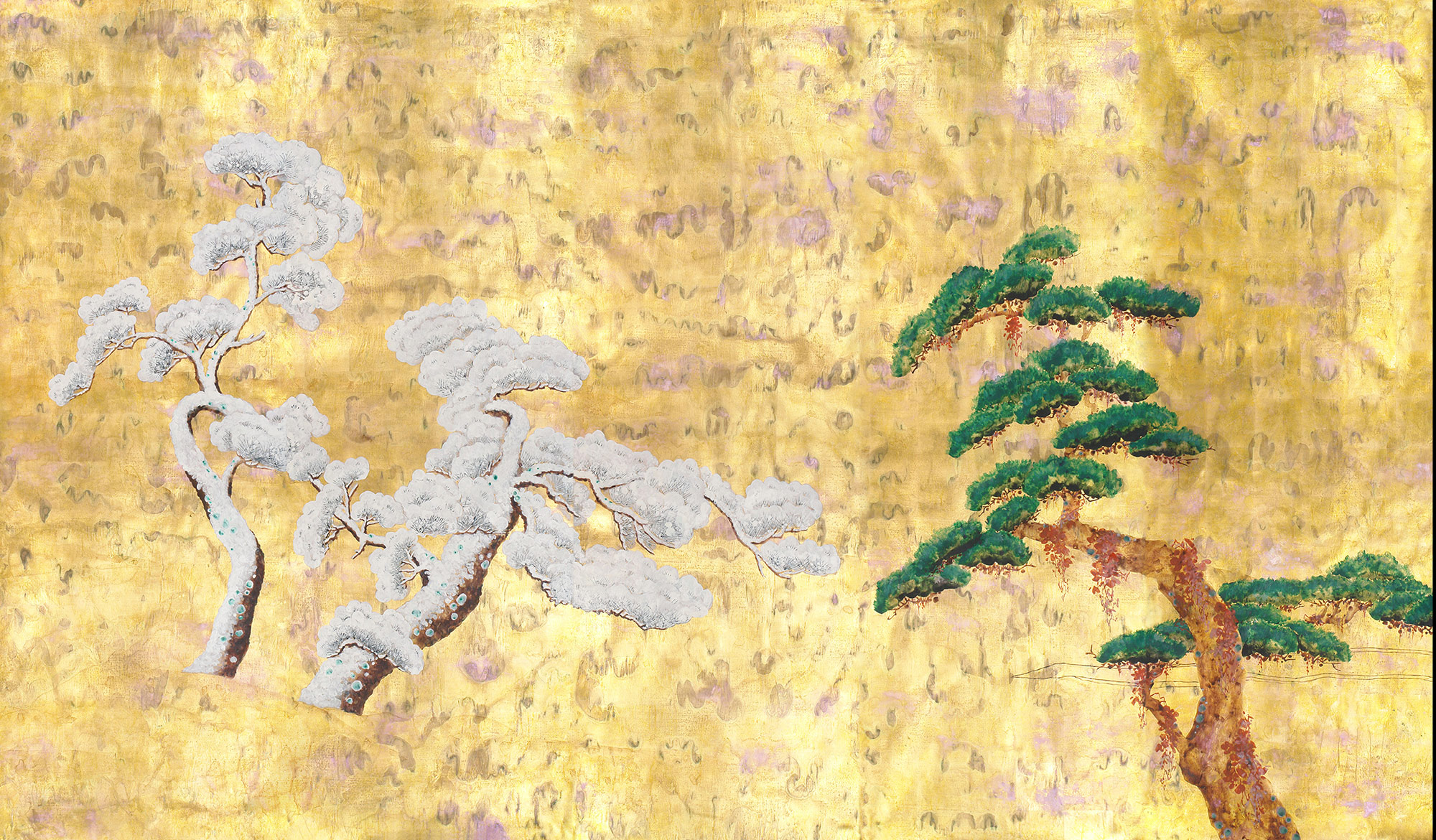 Обои ручная роспись Pine Trees Original colourway on Old Gold gilded paper with pearlescent antiquing Обои ручная роспись Pine Trees Original colourway on Old Gold gilded paper with pearlescent antiquing - постер Loft-Concept в Саратове