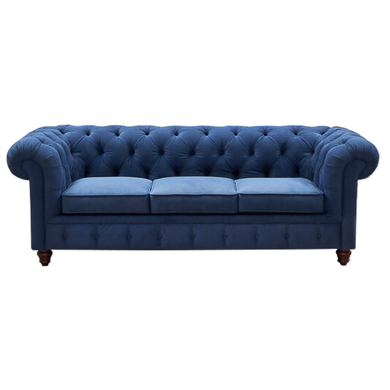 Диван Mini Kensington Sofa triple blue velor Сапфирово-синий Коричневый в Саратове | Loft Concept 