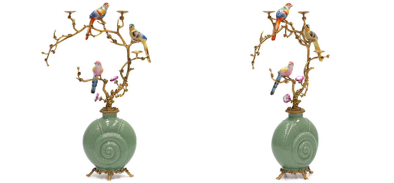 Ваза фарфоровая зеленая с фигурками птиц Porcelain bird - фото