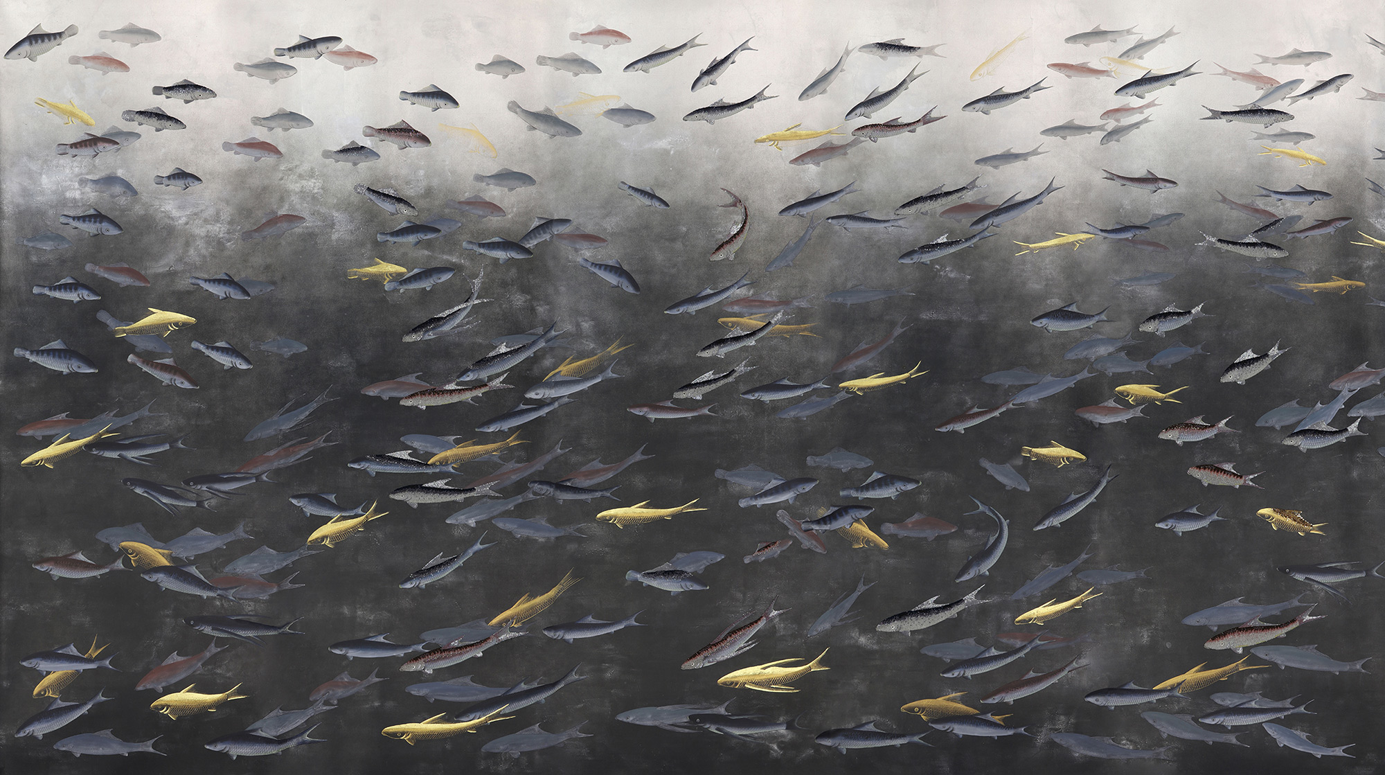 Обои ручная роспись Fishes Colourway SC-125 on Tarnished Silver gilded silk with d?sargenter pearlescent antiquing Обои ручная роспись Fishes Colourway SC-125 on Tarnished Silver gilded silk with d?sargenter pearlescent antiquing - постер Loft-Concept в Саратове