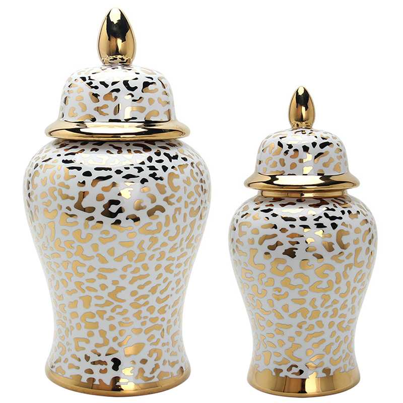 Ваза с крышкой Leopard Print Gold Vase Белый Глянцевое золото в Саратове | Loft Concept 