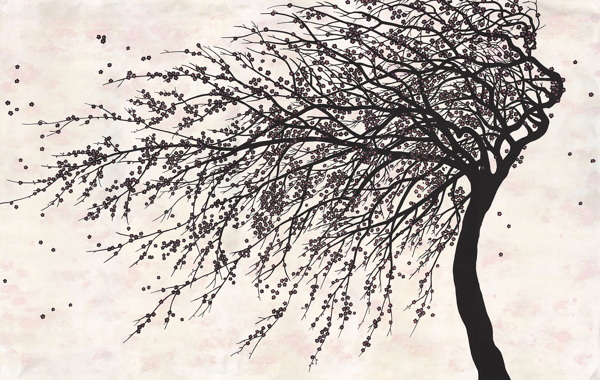 Обои ручная роспись Windswept Blossom Noir on White Metal gilded silk with pearlescent antiquing Обои ручная роспись Windswept Blossom Noir on White Metal gilded silk with pearlescent antiquing - постер Loft-Concept в Саратове