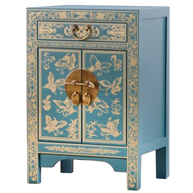 Светло-бирюзовая тумба в Китайском стиле ручная роспись Light Turquoise Chinese Nightstand Бирюзовый Золотой в Саратове | Loft Concept 