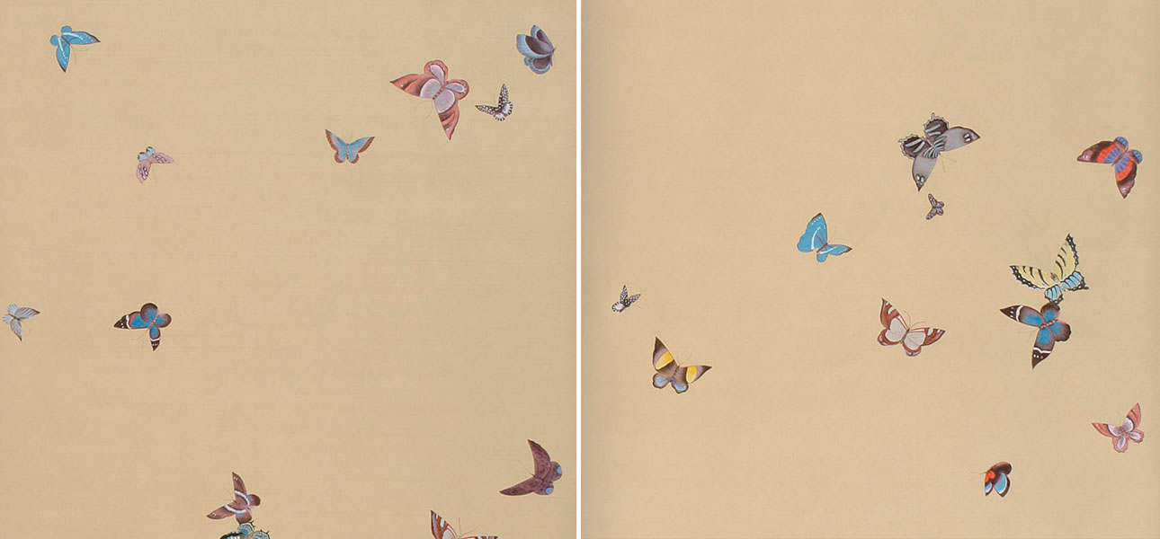 Обои ручная роспись Butterflies Icarus on New Faint Gold metallic silk - фото