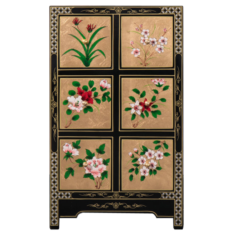 Тумба в Китайском стиле ручная роспись Black and Gold Chinese Nightstand Черный Золотой Мульти в Саратове | Loft Concept 