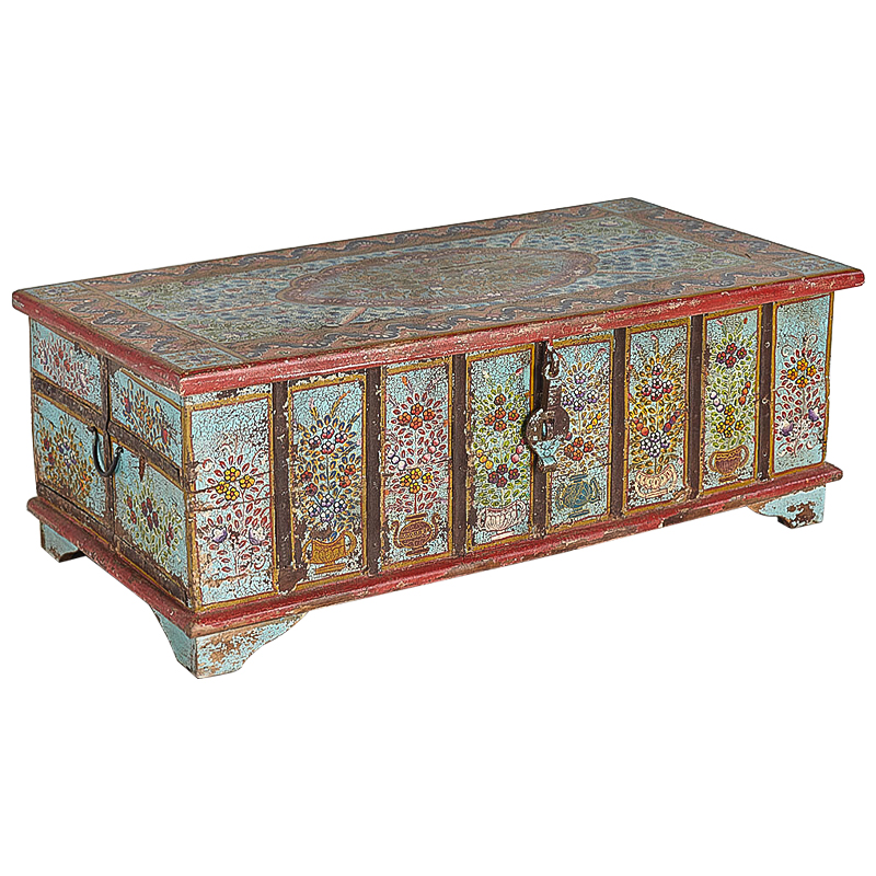 Сундук ручная роспись Pran Antique Indian Painted Chest Мульти Бирюзовый Красный в Саратове | Loft Concept 