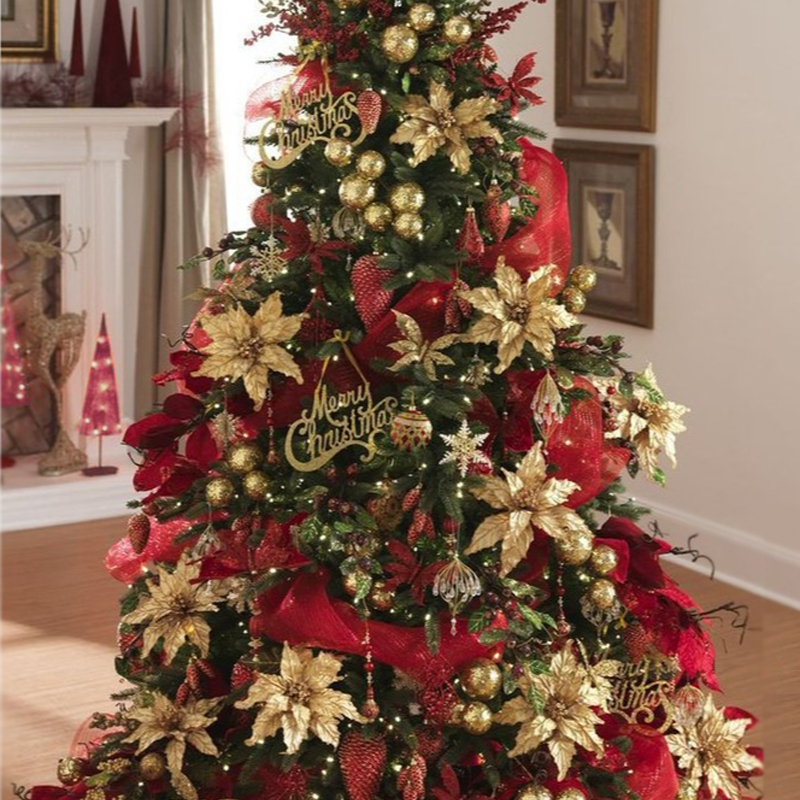 Дизайнерская Елка с Красным и Золотым новогодним декором Christmas Tree Golden Flowers Красный Золотой в Саратове | Loft Concept 