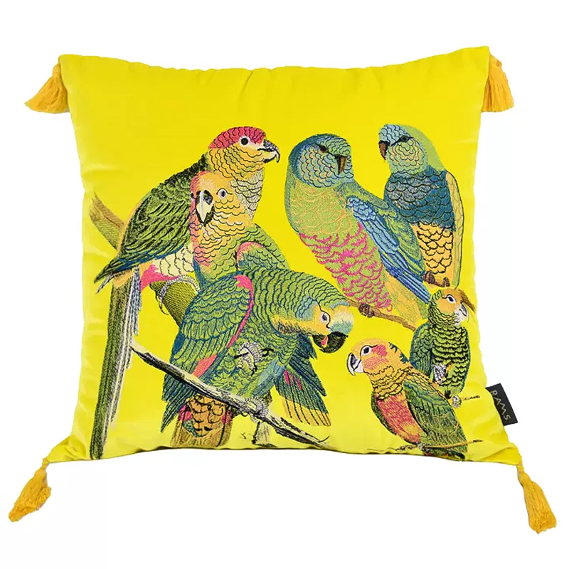 Декоративная подушка с вышивкой Embroidery Parrots Pillow Yellow Желтый Мульти в Саратове | Loft Concept 